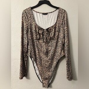 Women’s SHEIN Animal Print Tie Front  Long . Sleeve Bodysuit. Size XL